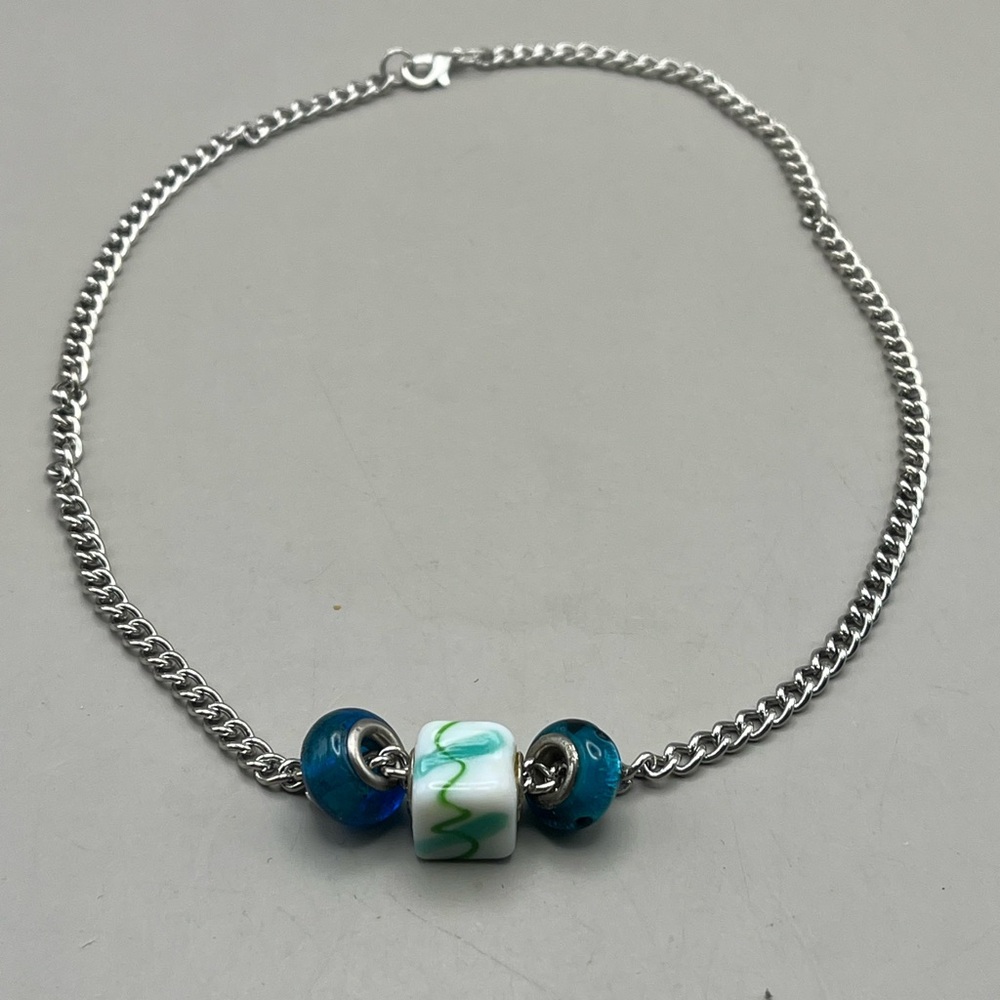 Artisan Silver Chain Necklace with Blue and White Art Glass Beads